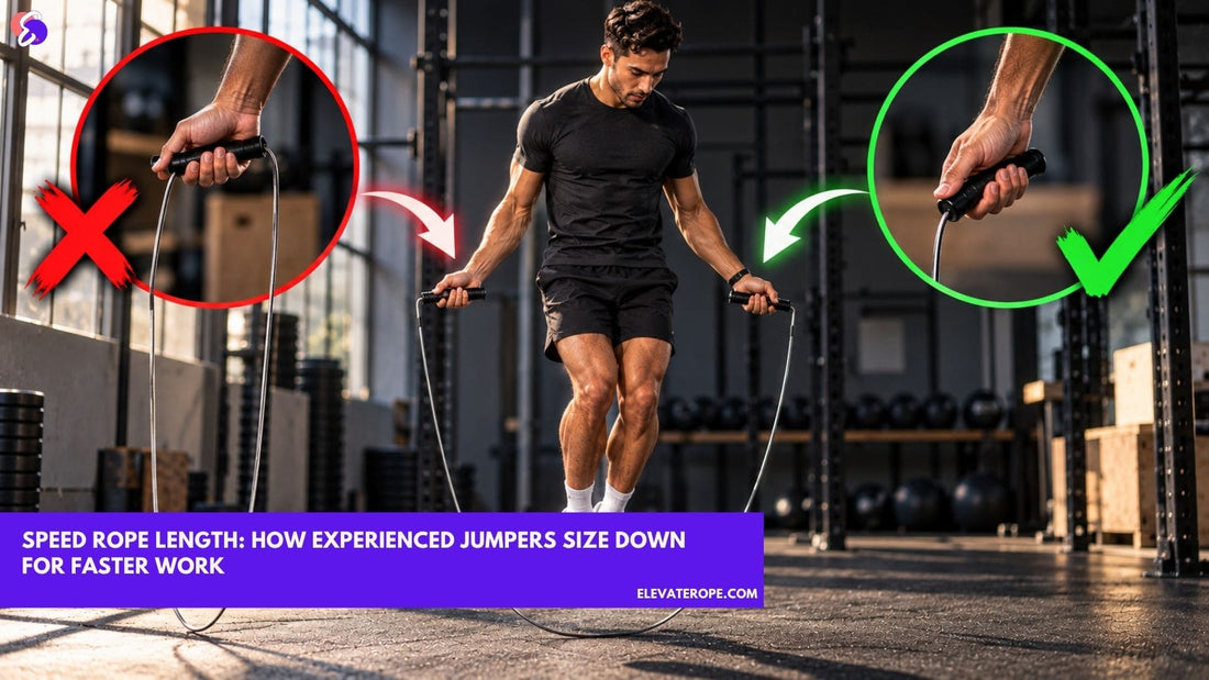 Athlete demonstrates correct speed rope length and compact jump rope technique in a modern gym.