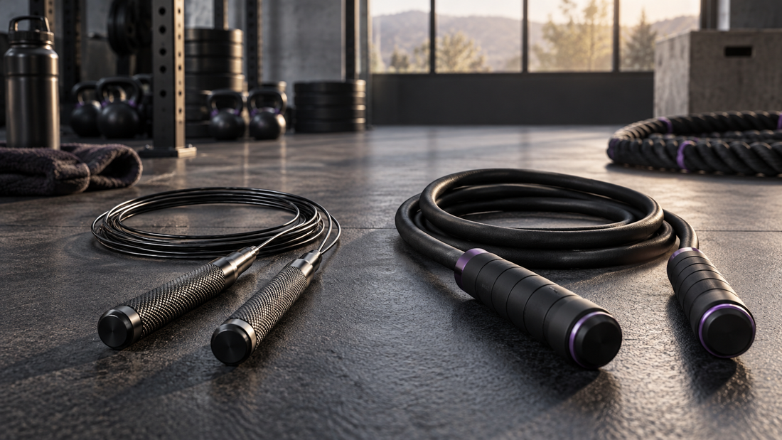 Speed rope and weighted jump rope with black handles arranged side by side on a gym floor, comparing rope thickness and design for cardio and resistance training.
