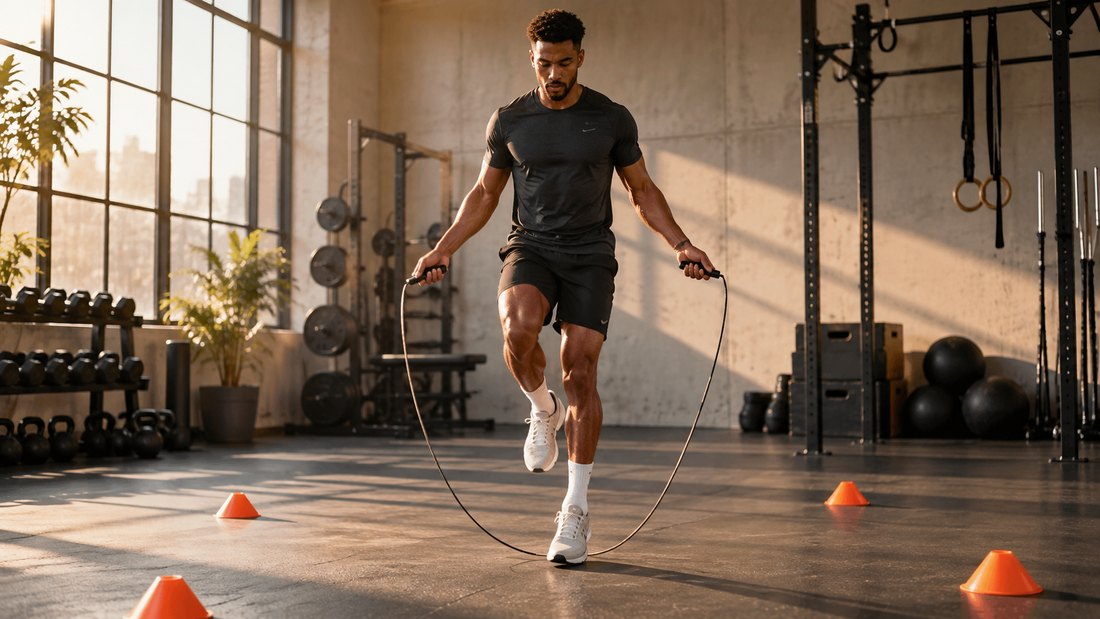 Athlete performing an alternate-foot jump rope drill in a sunlit gym, using a speed rope to practise fast footwork, rhythm and coordination between orange training cones.