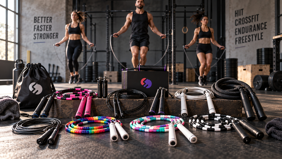 Selection of beaded, speed, and heavy jump ropes displayed in a CrossFit gym, with athletes jumping rope during HIIT and endurance workouts.
