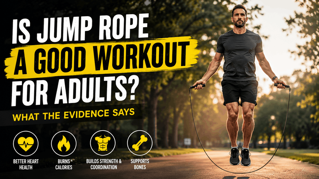 Adult jumping rope outdoors on a tree-lined path, highlighting the cardiovascular, calorie-burning, strength, and bone health benefits of jump rope exercise.