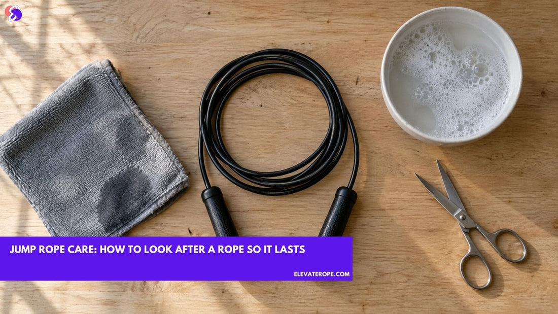 Overhead view of a coiled black PVC jump rope on a wooden workbench beside a microfibre cloth, a bowl of soapy water and household scissors.