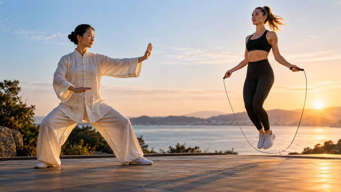 Tai Chi practitioner beside a woman jumping rope outdoors at sunset, comparing Tai Chi and jump rope training.