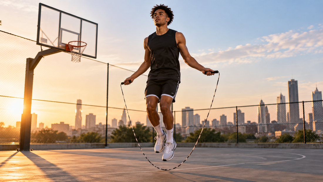 Basketball player practicing jump rope footwork drills on an outdoor basketball court at sunset