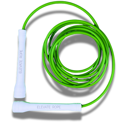 Green jump rope with white handles labeled Elevate Rope, coiled on a neutral background