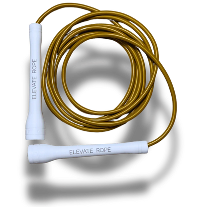 Yellow jump rope with white handles for fitness and full-body workouts
