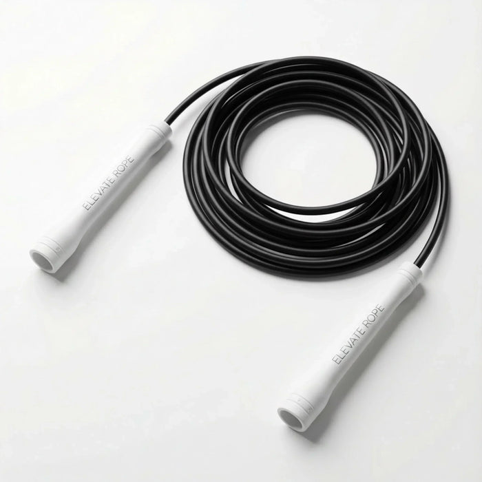 Black jump rope with white handles labeled ELEVATE ROPE, coiled on white background for fitness training.